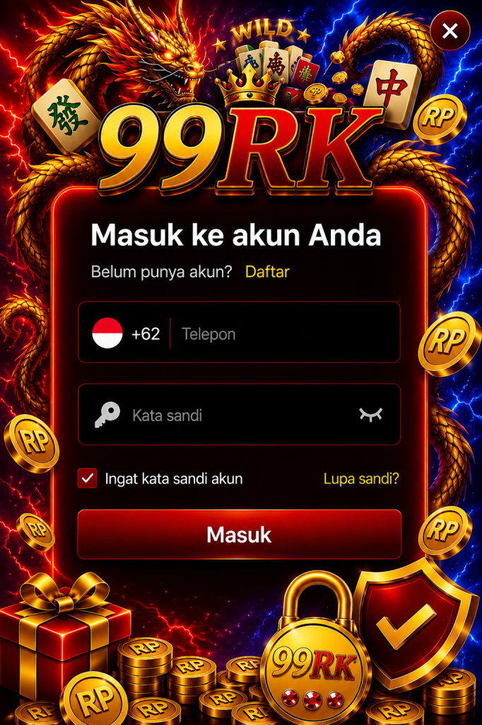99RK login resmi dengan tema merah biru, naga premium, akses akun aman, tampilan eksklusif, dan sistem login cepat.