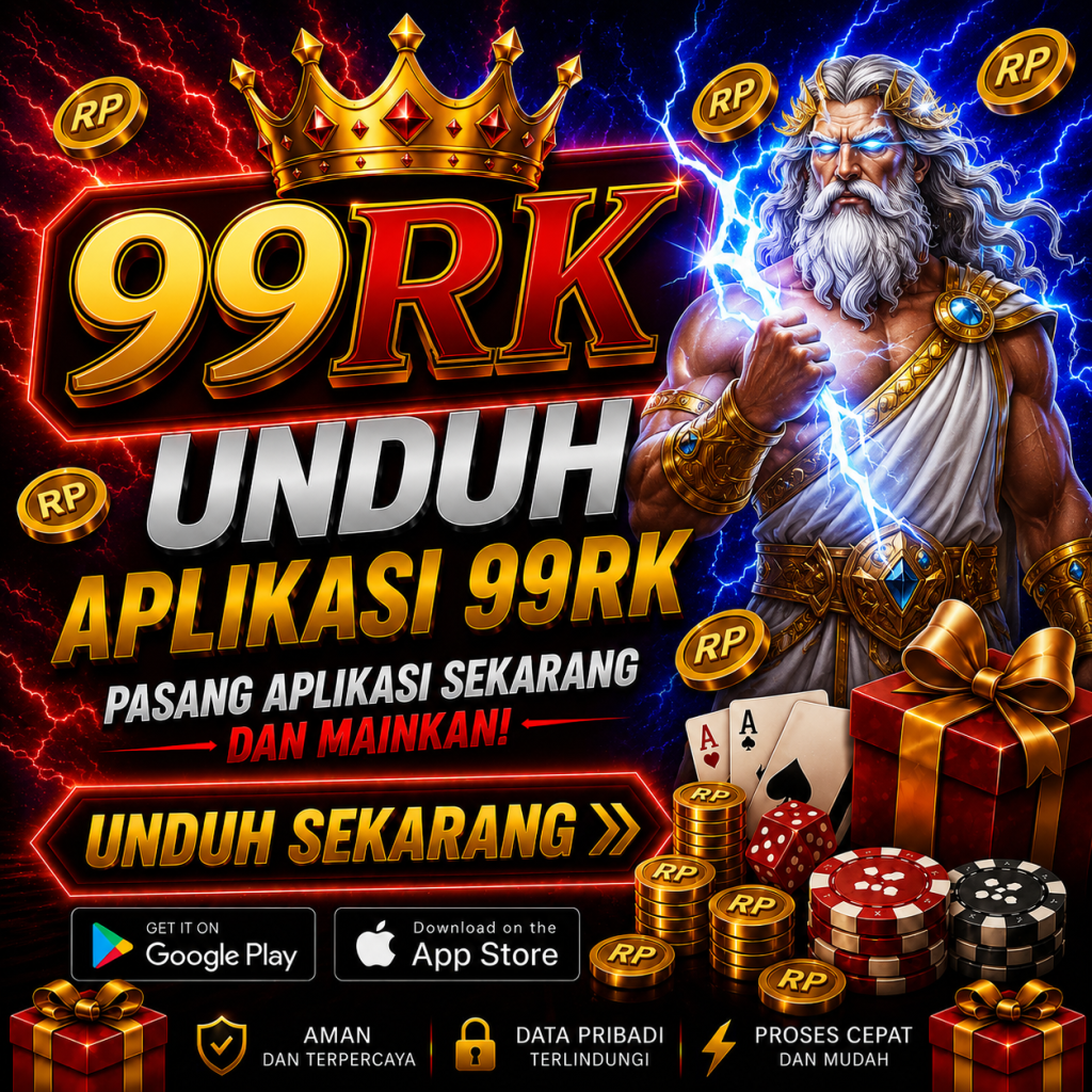 99RK unduh aplikasi resmi dengan tema Zeus merah biru, download cepat, aman, dan kompatibel untuk Android.