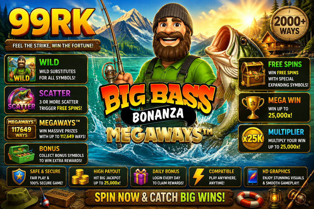 99RK Big Bass Bonanza Megaways dengan nelayan, ikan bass besar, simbol Wild dan Scatter dalam tema petualangan memancing.