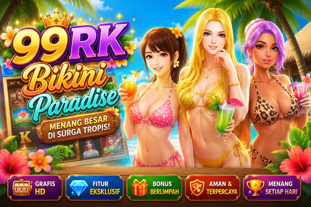99RK Bikini Paradise dengan tema pantai tropis, karakter wanita, minuman segar, dan suasana liburan.
