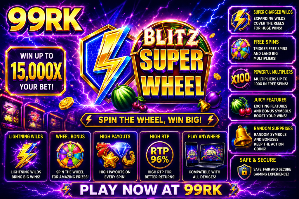 99RK Blitz Super Wheel dengan simbol petir, roda bonus, buah warna-warni, koin emas, efek neon, dan suasana permainan penuh energi.