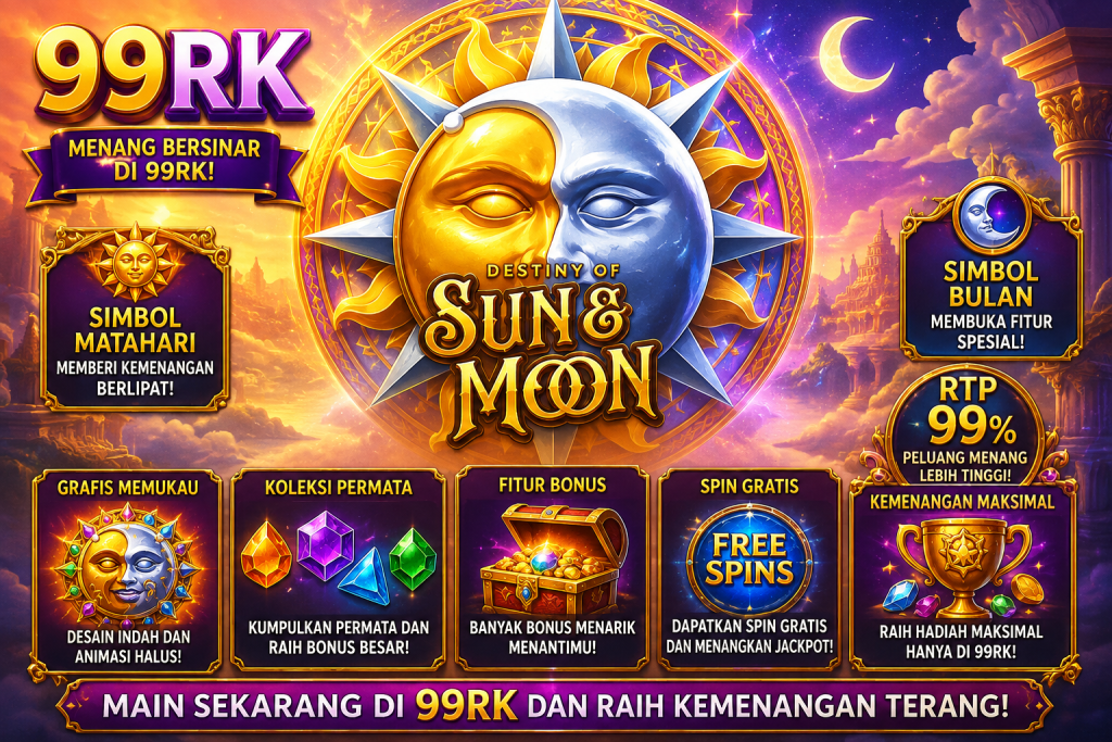 99RK Destiny of Sun & Moon dengan simbol matahari dan bulan, permata berkilau, peti harta, serta suasana fantasi bercahaya.