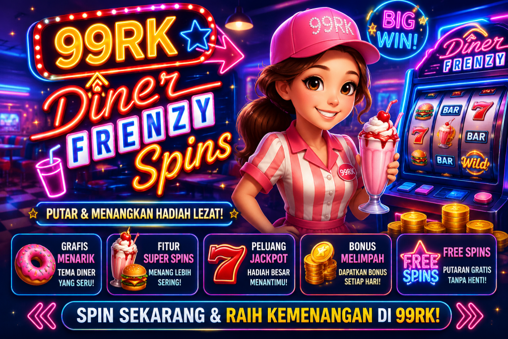 99RK Diner Frenzy Spins dengan tema restoran neon, karakter pelayan, mesin permainan, minuman, dan koin emas.