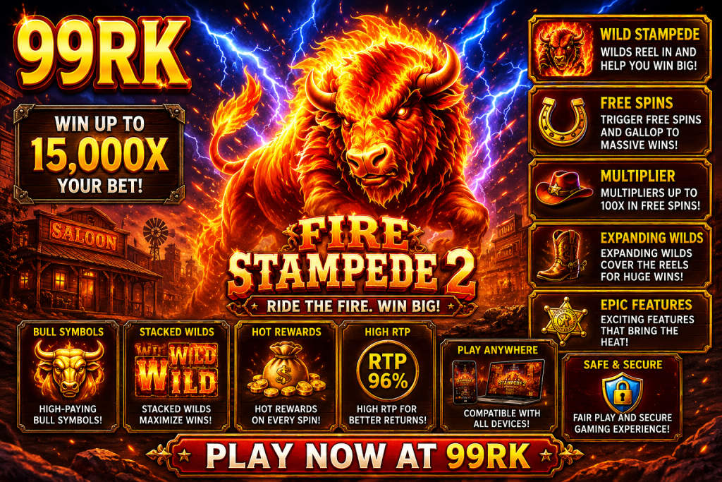 99RK Fire Stampede 2 dengan banteng api, kilat biru, kota koboi, simbol Wild, koin emas, dan suasana permainan Wild West penuh aksi.