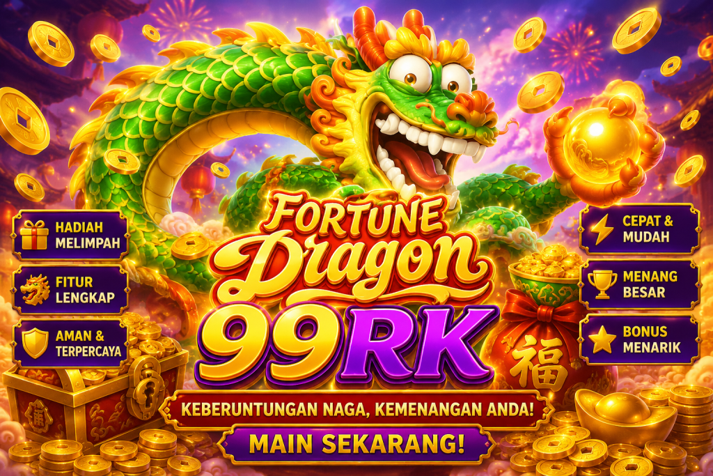 99RK Fortune Dragon dengan naga keberuntungan, koin emas, harta karun, dan nuansa festival yang cerah.