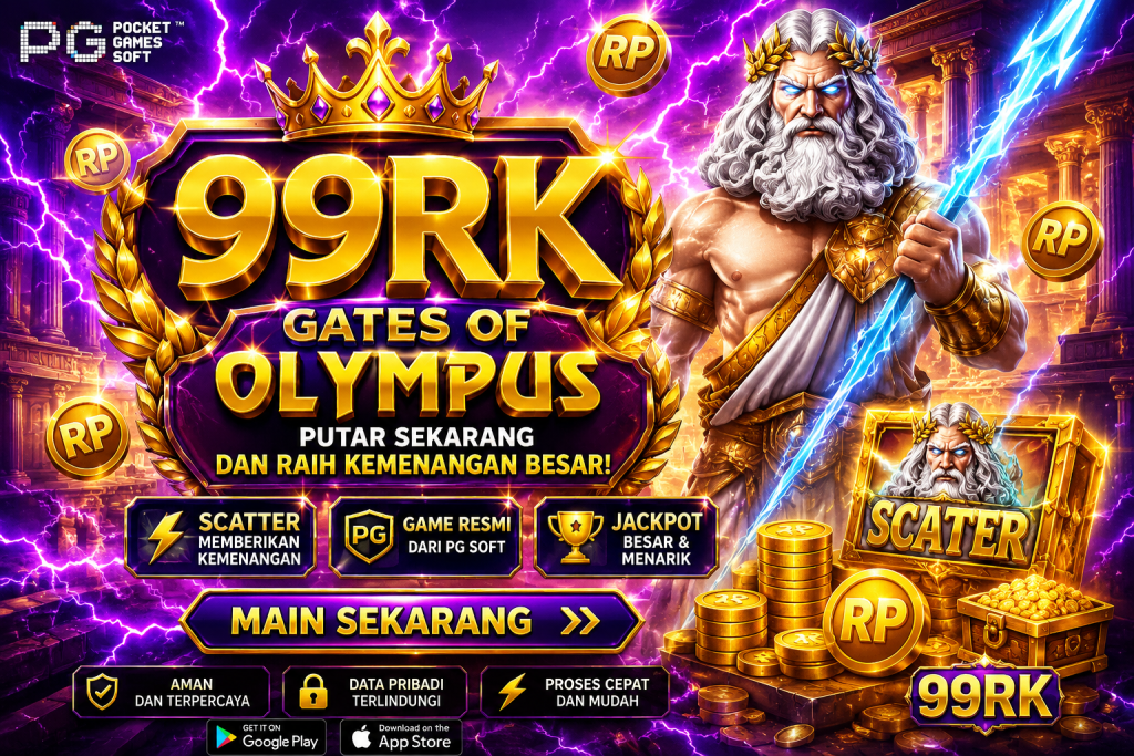 99RK Gates of Olympus PG slot promo dengan Zeus, petir, kuil Yunani, dan tema jackpot emas.