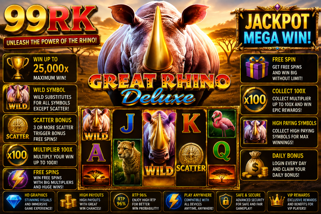 99RK Great Rhino Deluxe dengan badak bercula emas, satwa safari, simbol Wild dan Scatter dalam tema petualangan Afrika.