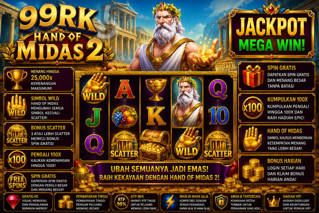 99RK Hand of Midas 2 dengan Raja Midas, tangan emas, kuil Yunani, simbol Wild dan Scatter bertema mitologi.