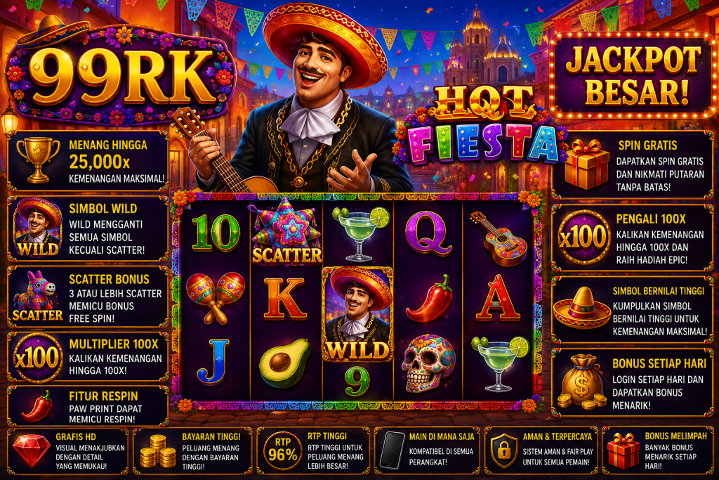 99RK Hot Fiesta dengan musisi sombrero, gitar, piñata, simbol Wild dan Scatter dalam tema festival Meksiko.