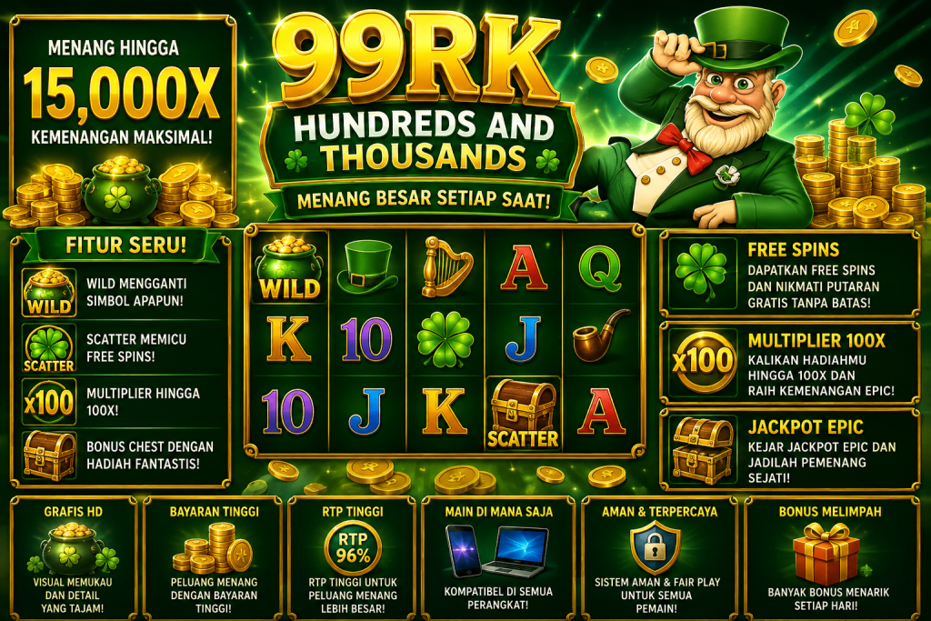 99RK Hundreds and Thousands dengan leprechaun, semanggi hijau, koin emas, simbol Wild, Scatter, dan suasana permainan bertema keberuntungan.