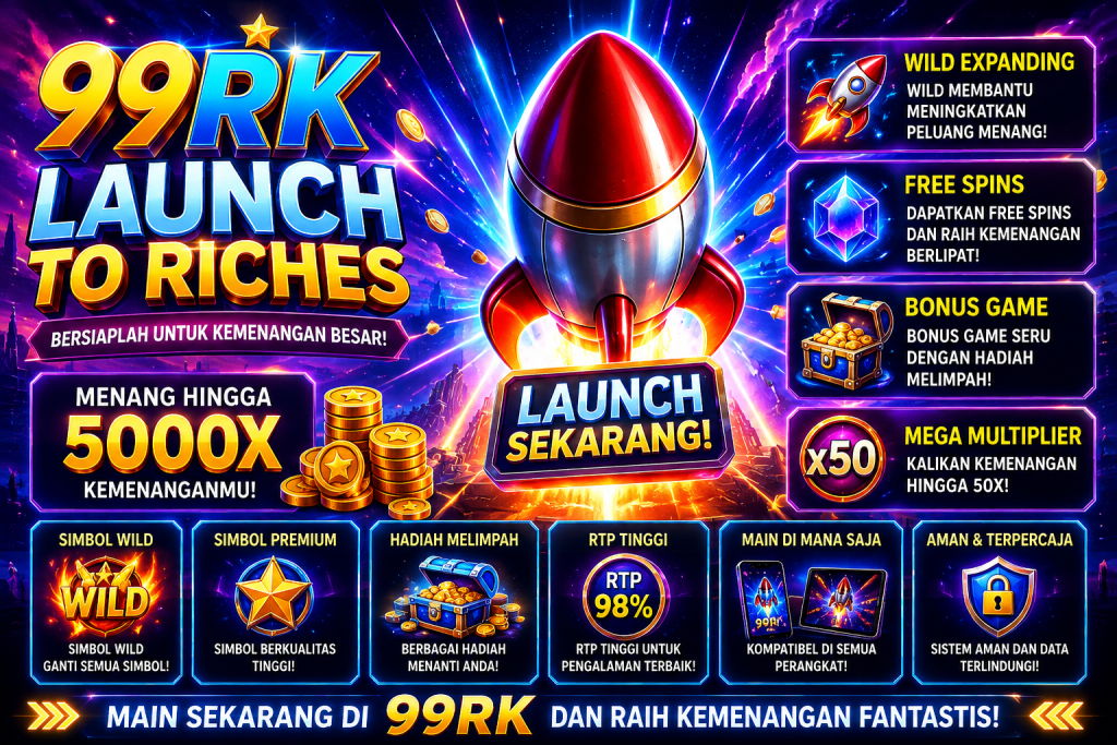99RK Launch to Riches dengan roket futuristik, koin emas, efek neon kosmik, peti harta, dan suasana permainan bertema luar angkasa.