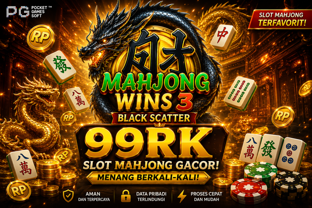 99RK Mahjong Wins 3 Black Scatter dengan naga emas, ubin mahjong, tema oriental, dan efek jackpot yang menarik.