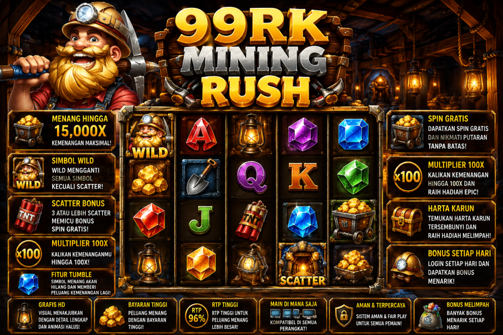 99RK Mining Rush dengan penambang, tambang emas, permata warna-warni, simbol Wild dan Scatter dalam tema petualangan pertambangan.