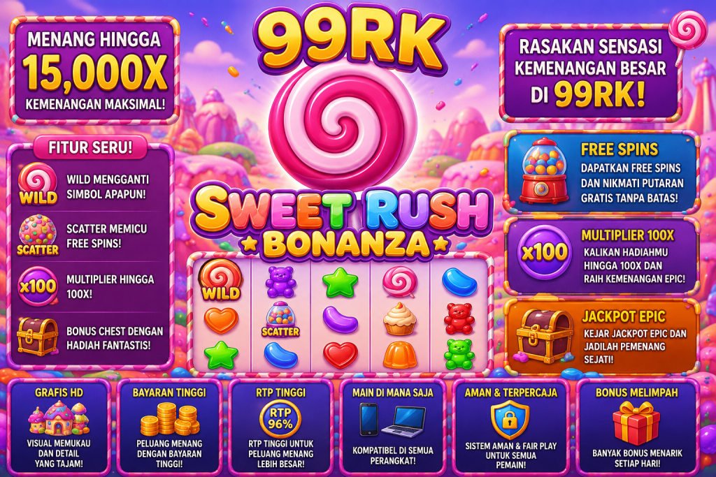 99RK Sweet Rush Bonanza dengan lolipop merah muda, permen warna-warni, simbol Wild, Scatter, bonus, dan suasana permainan dunia manis yang ceria.
