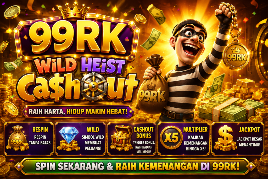 99RK Wild Heist Cashout dengan karakter pencuri, tumpukan uang, koin emas, berlian, dan suasana permainan bertema perampokan.