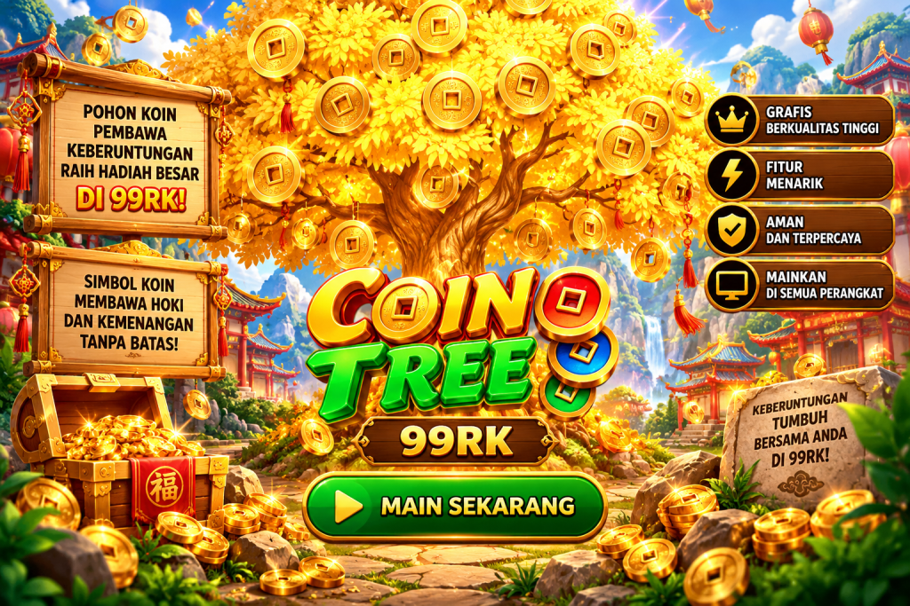 Game Coin Tree 99RK dengan pohon koin emas, harta karun, dan tema keberuntungan
