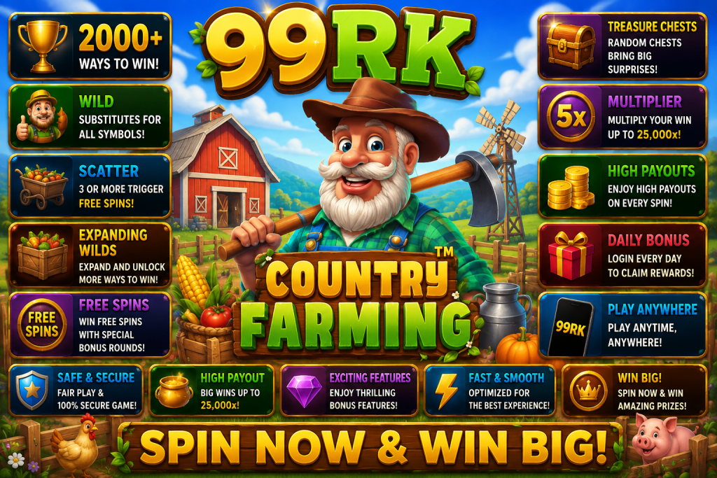 99RK Country Farming dengan petani kartun, lumbung merah, kincir angin dan suasana pertanian penuh warna.