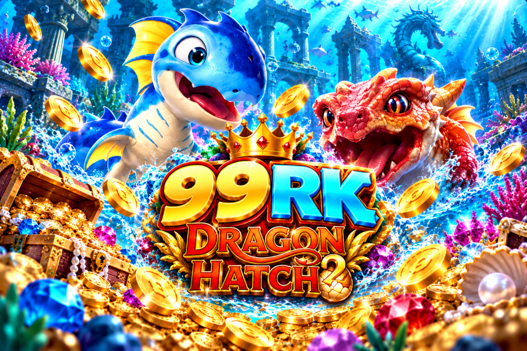 Game Dragon Hatch 2 99RK dengan naga biru dan merah, koin emas, terumbu karang berwarna-warni, dan harta karun bawah laut
