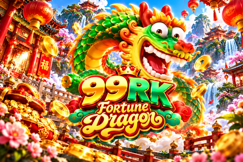 Game Fortune Dragon 99RK dengan naga hijau, koin emas, lentera merah, dan kuil Tiongkok