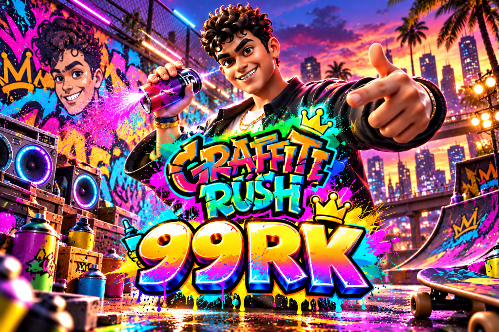 Game Graffiti Rush 99RK dengan seniman grafiti, cat semprot, mural warna-warni, dan suasana kota neon