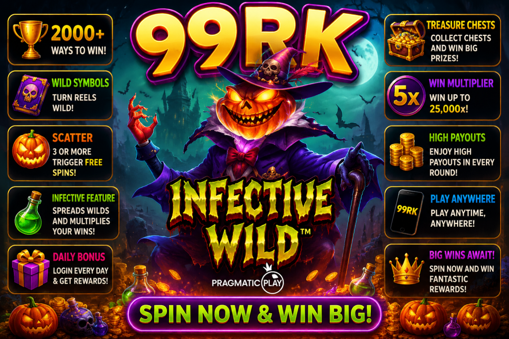 99RK Infective Wild dengan karakter labu misterius, kelelawar dan suasana Halloween penuh warna.