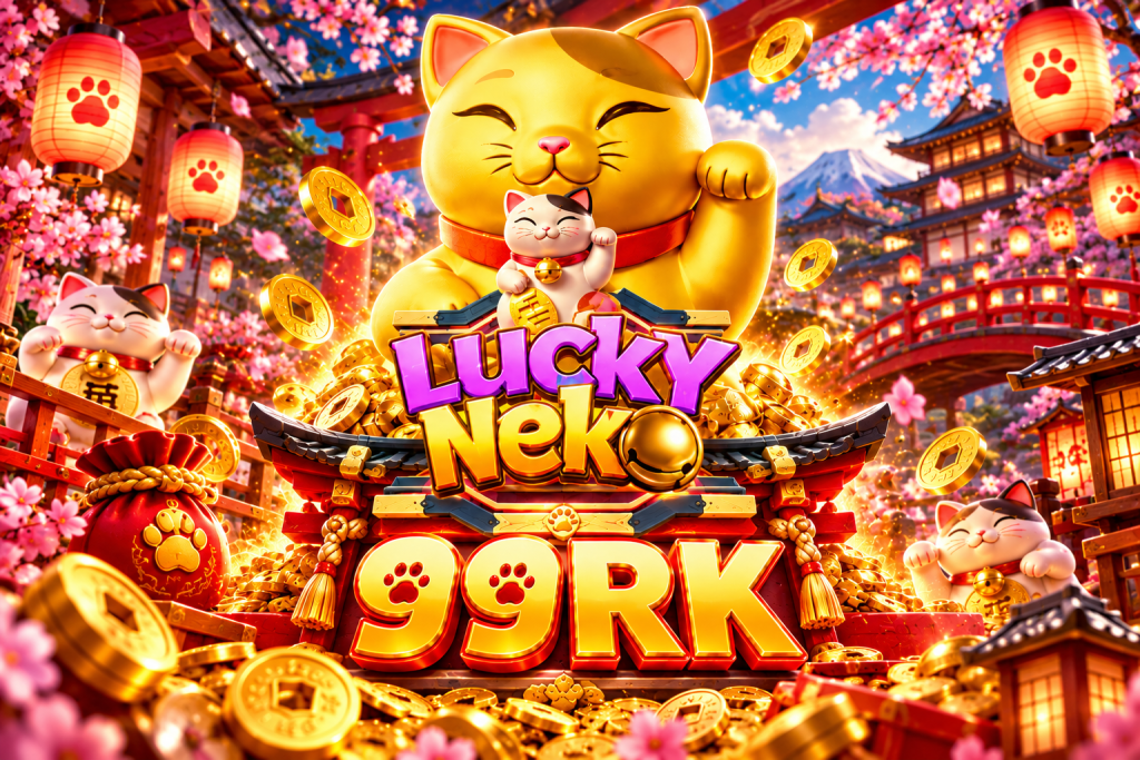 Game Lucky Neko 99RK dengan kucing keberuntungan, koin emas, lentera, dan suasana festival