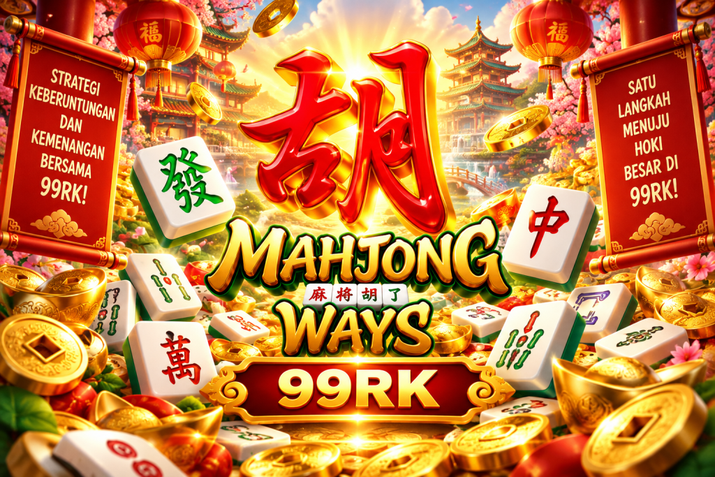 Game Mahjong Ways 99RK dengan ubin mahjong, koin emas, lentera merah, kuil oriental, dan suasana keberuntungan