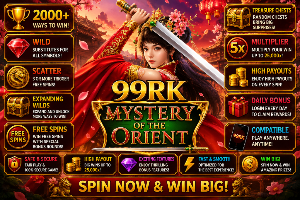 99RK Mystery of the Orient dengan pendekar wanita, pedang, bunga sakura dan kuil Asia bernuansa merah emas.