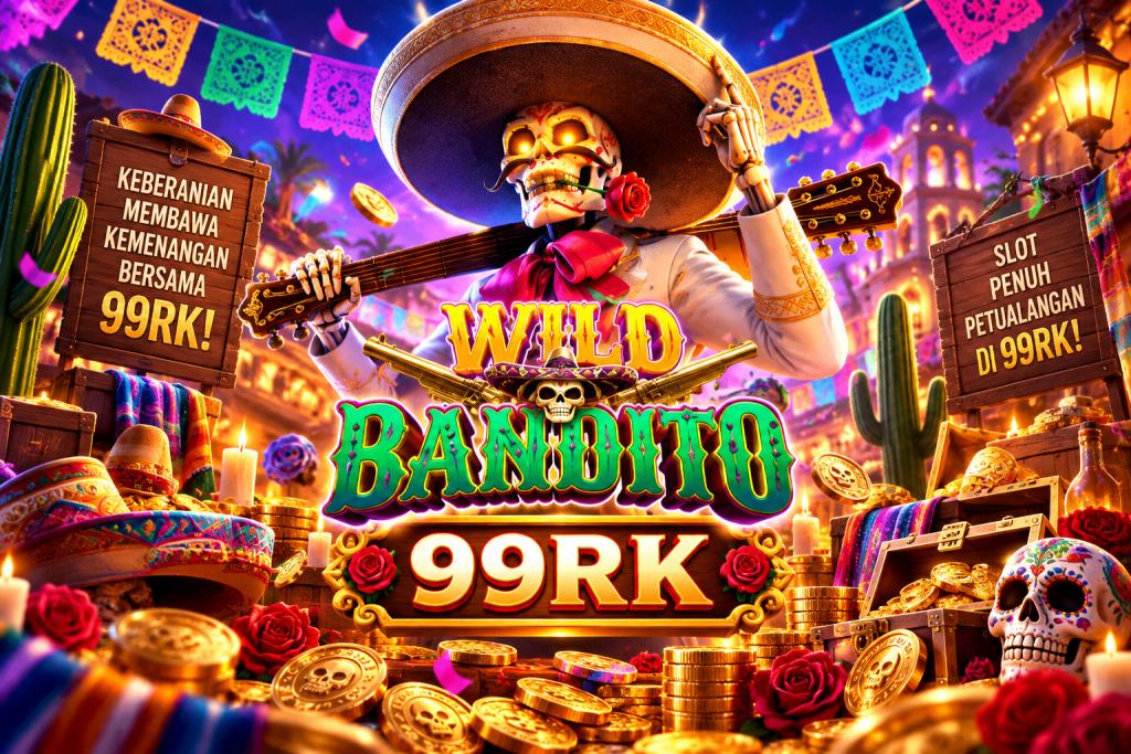 Game Wild Bandito 99RK dengan bandit mariachi, gitar, koin emas, kaktus, peti harta, dan suasana festival Meksiko
