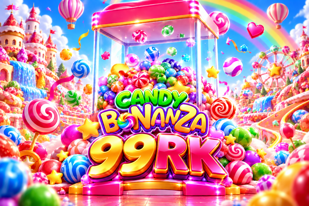 Game Candy Bonanza 99RK dengan mesin permen warna-warni, lolipop, pelangi, kastel fantasi, bianglala, dan dunia permen yang ceria