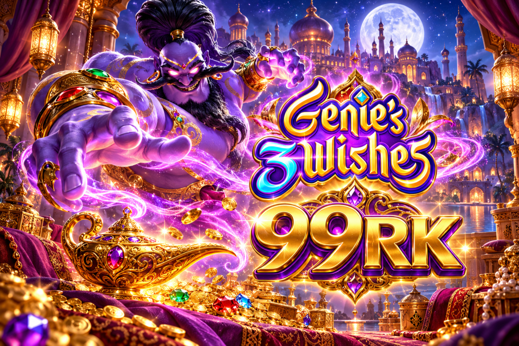 99RK Genie’s Wishes dengan jin ungu, lampu ajaib, dan harta berkilau