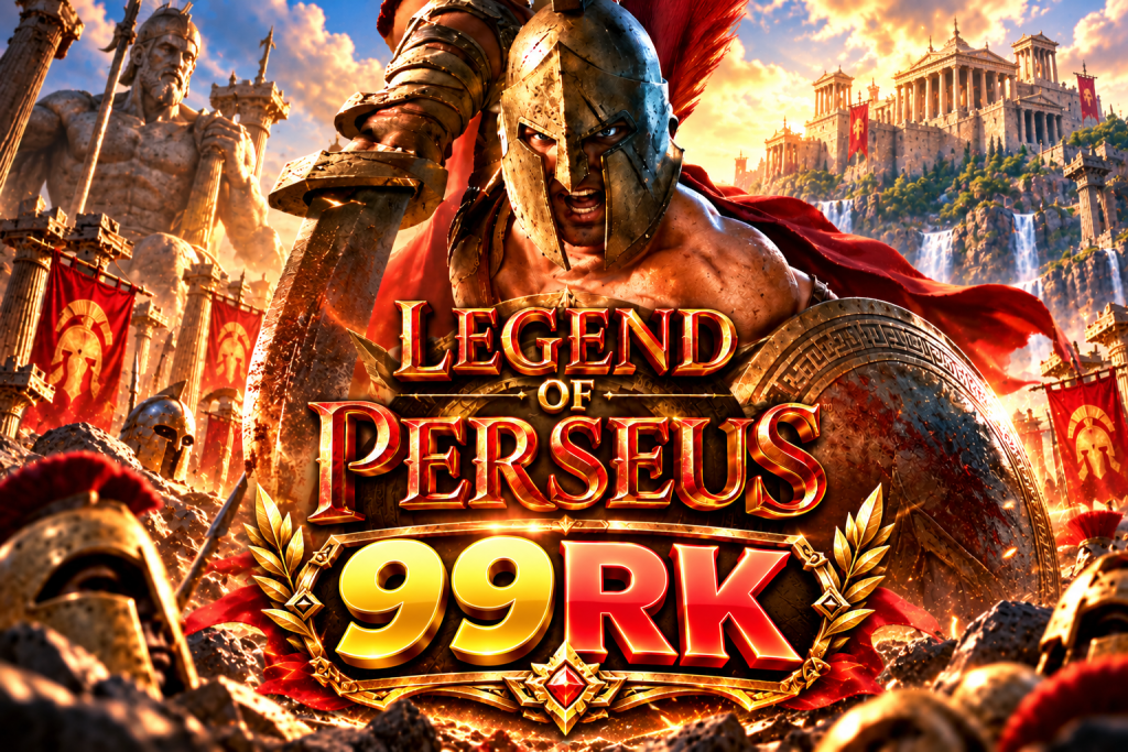 Game Legend of Perseus 99RK dengan prajurit Yunani, pedang, perisai, kuil kuno, dan medan pertempuran epik