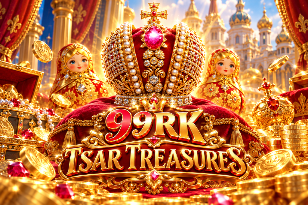 99RK Tsar Treasures dengan mahkota kerajaan, permata merah, koin emas, dan boneka matryoshka